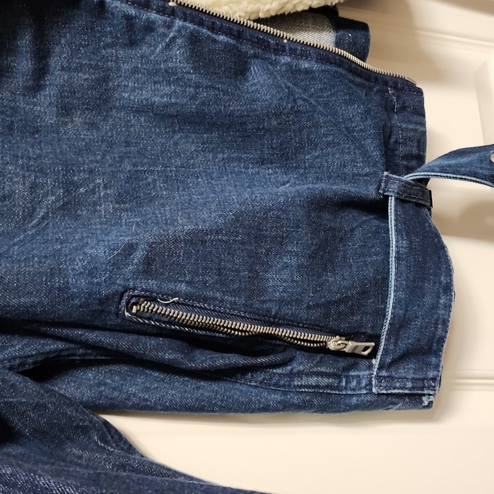 GAP Sherpa Fleece Denim Bomber Jacket Zippers Dark Jean XL Tall NEW - Picture 6 of 8